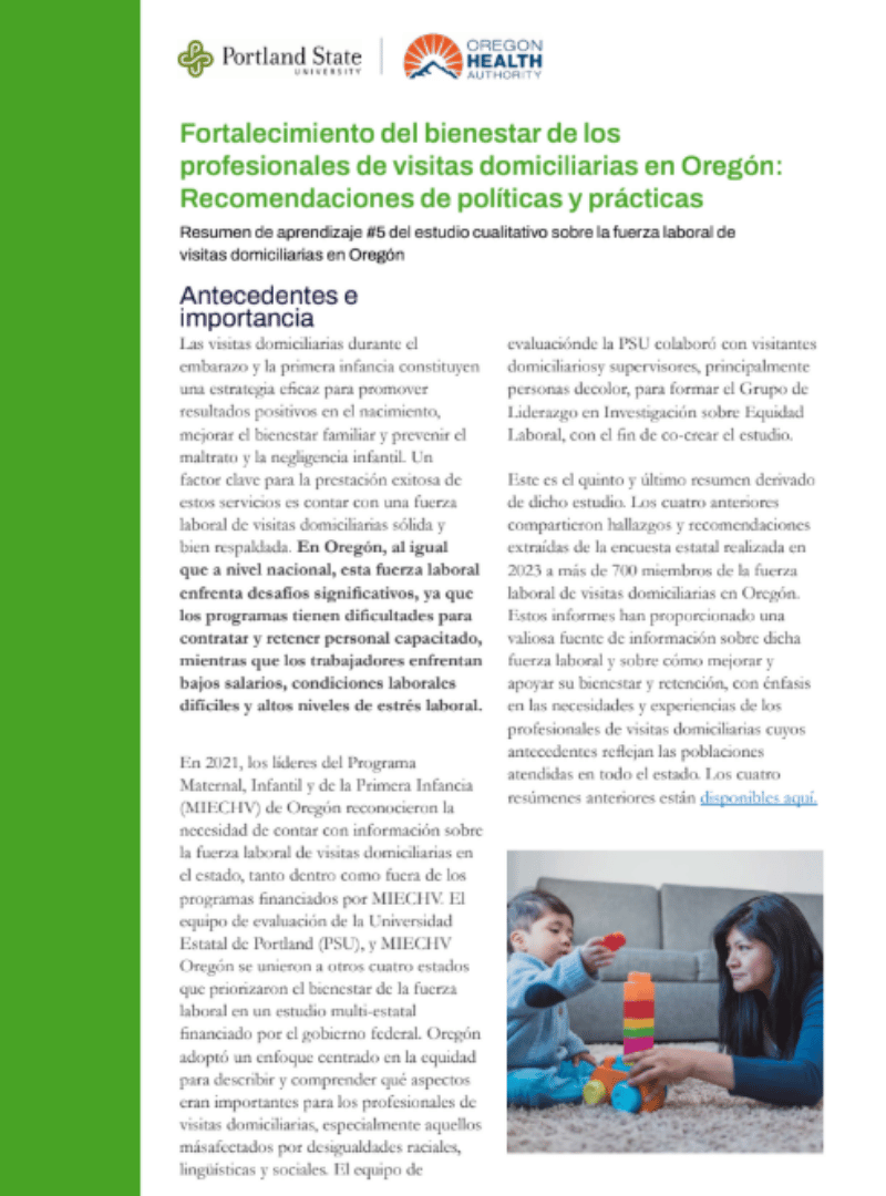 Resumen de aprendizaje #5 del estudio cualitativo sobre la fuerza laboral de visitas domiciliarias en Oregón
