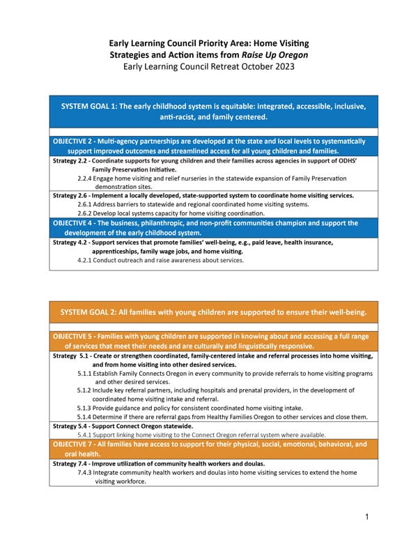 Early Learning Council Priority Area: Home Visiting Strategies and Action Items from Raise Up Oregon